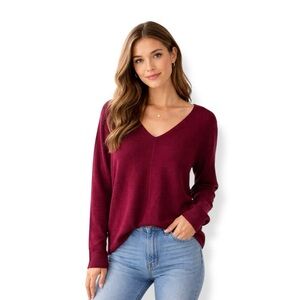 Eileen Fisher Organic Cotton, Lyocell and Silk Elegant Red V Neck Knit Sweater